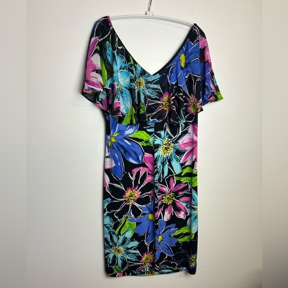 Connected Apparel Midi Dress Plus Sz 16 Floral Ruffle V-Neck Stretch Boho Artsy - Picture 2 of 11